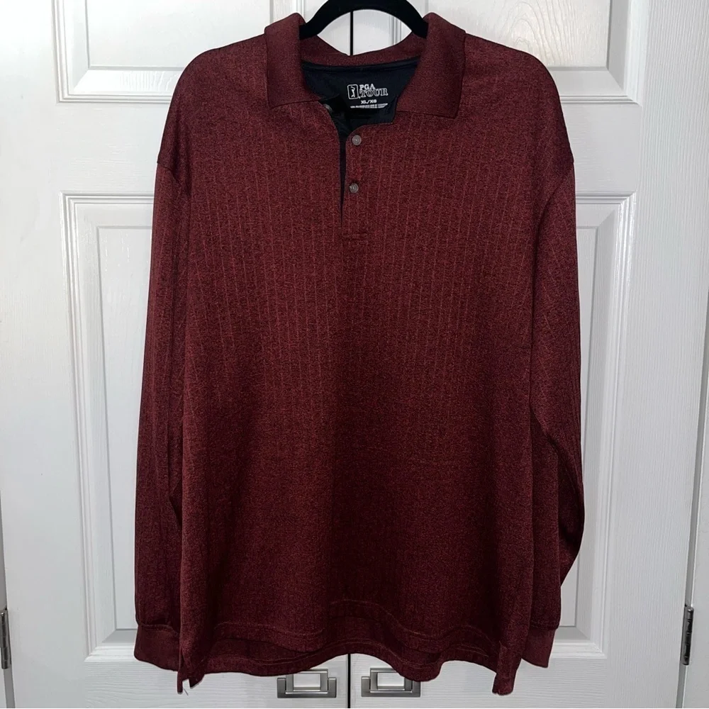 PGA Tour Red Brown Long Sleeve Golf Collared Shirt Size XL